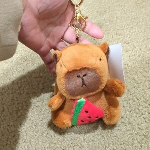 Cute Brown Capybara Keychain with Watermelon